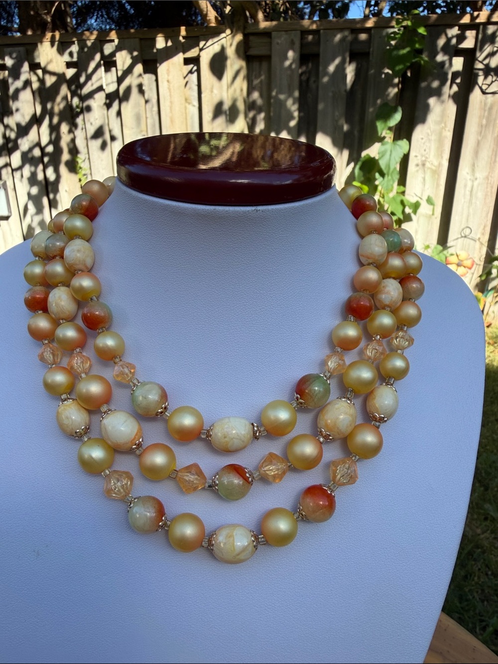 Vintage Hong Kong 1960s 3 Strand Sunset Orange Yellow Molded Bead Necklace